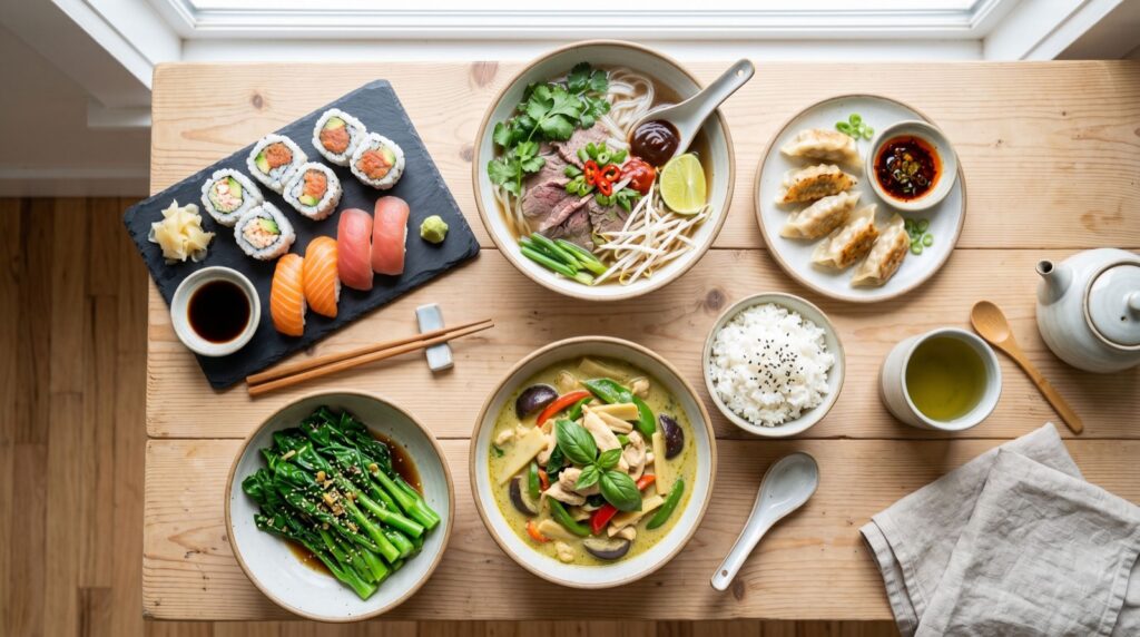 A balanced curated spread of Asian dishes for ordering