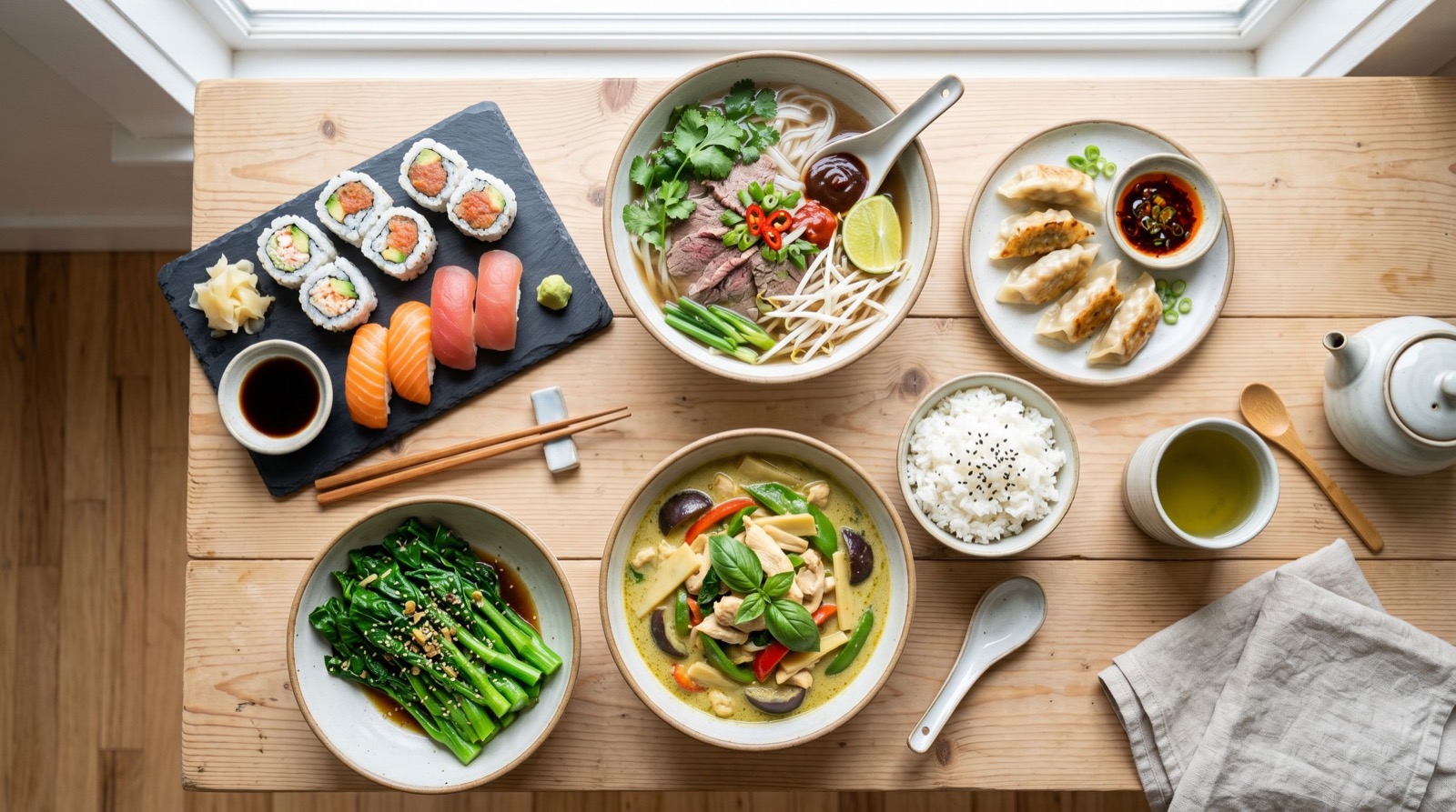 A balanced curated spread of Asian dishes for ordering